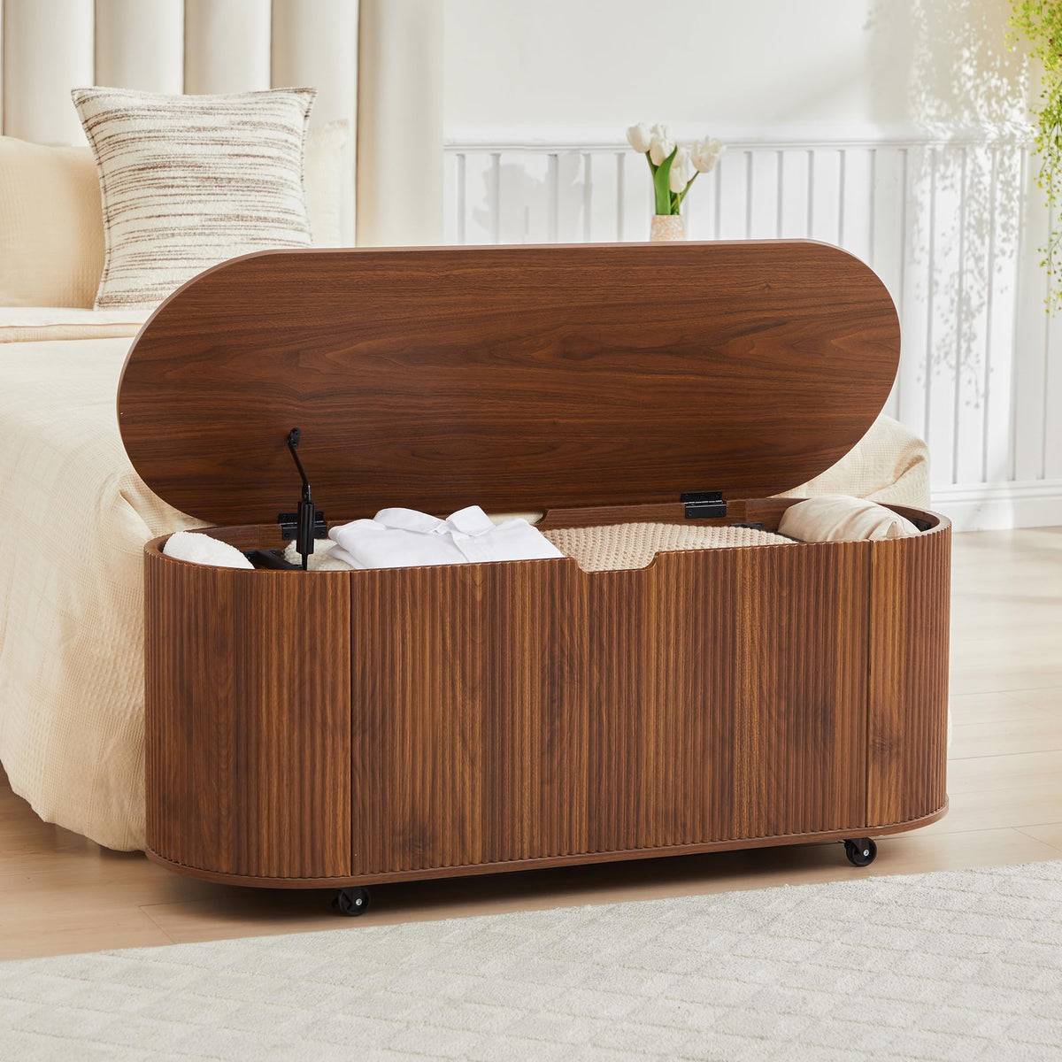 Fluted Storage Bench with 4 Wheels, 43.3” Oval Storage Chest with Safety Hinges, Modern Wooden End of Bed Bench, Large Storage Trunk Toy Chest with Lift Top for Entryway Bedroom Living Room, Natural
