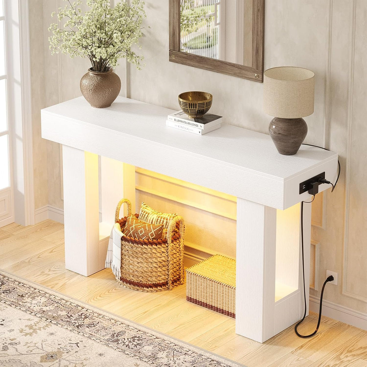 Unikito 47" Entryway Table with Sensor Light and Outlets, Pure White