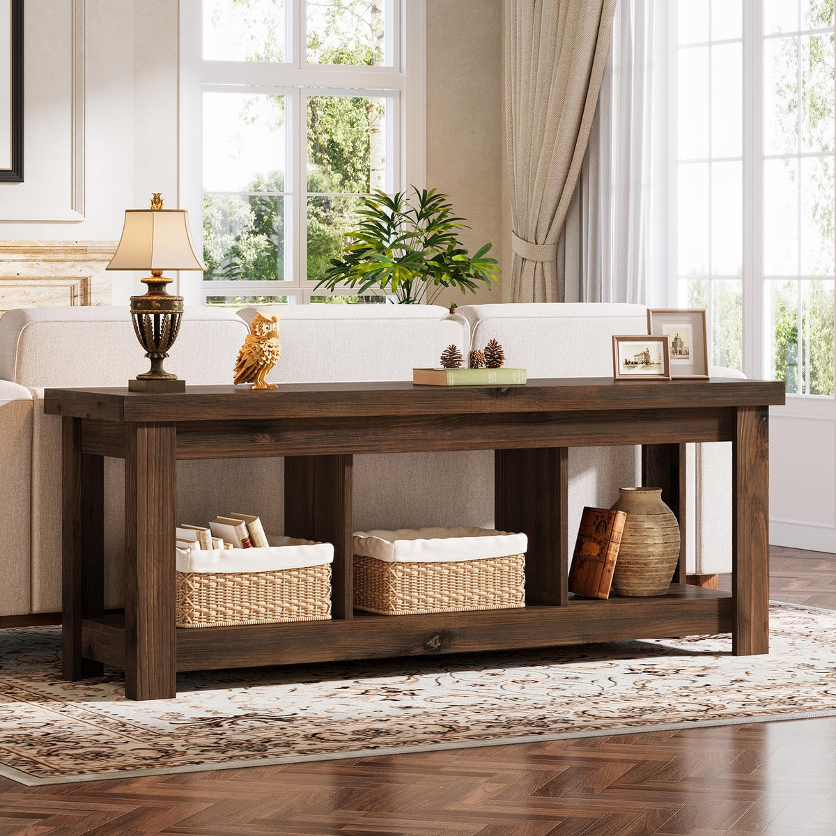 Tribesigns 63-inch Solid Wood Console Table with 3 Storage Cubes
