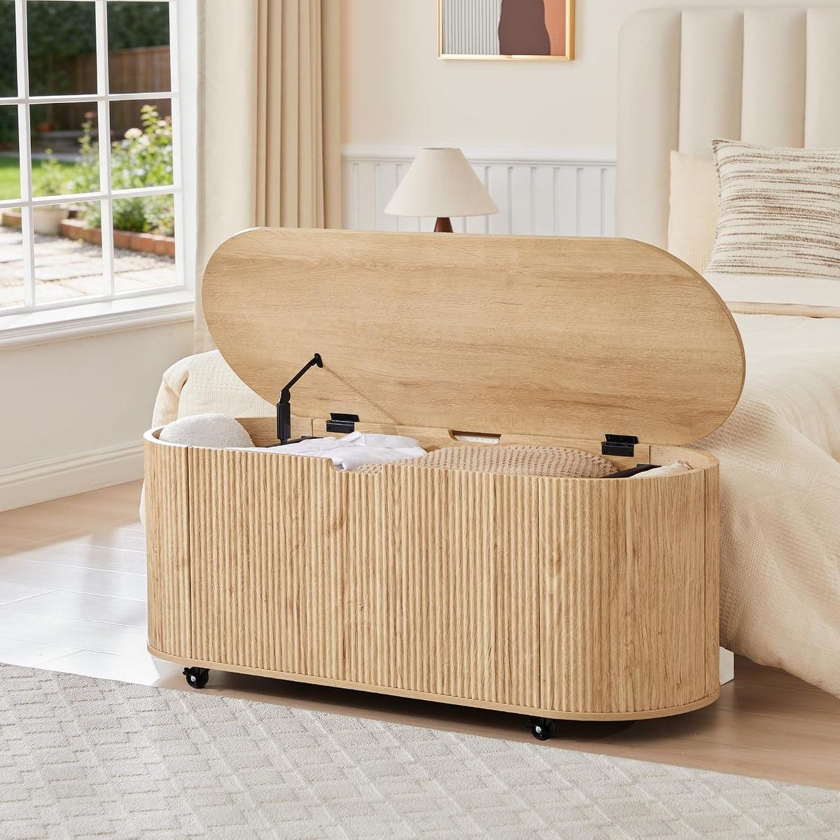 Fluted Storage Bench with 4 Wheels, 43.3” Oval Storage Chest with Safety Hinges, Modern Wooden End of Bed Bench, Large Storage Trunk Toy Chest with Lift Top for Entryway Bedroom Living Room, Natural