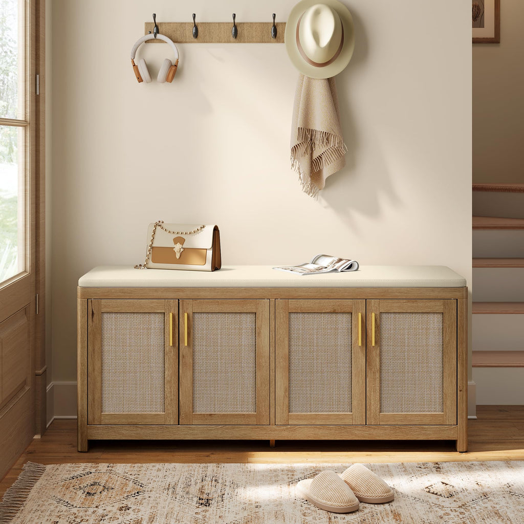 VASAGLE Boho Shoe Bench with Cushion, 2 Rattan-Look Cabinet Doors