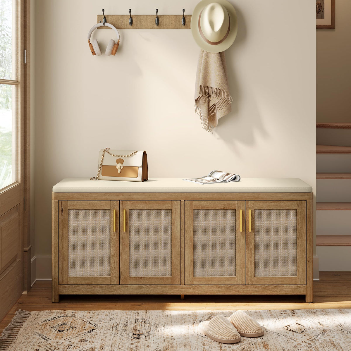 VASAGLE Boho Shoe Bench with Cushion, 2 Rattan-Look Cabinet Doors