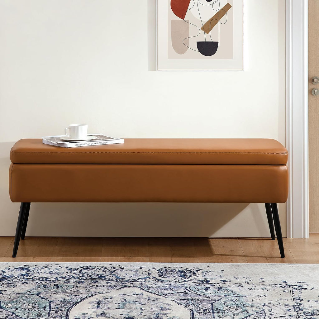 kinmars Leather Storage Ottoman Bench, End of Bed Bench with Steel Legs