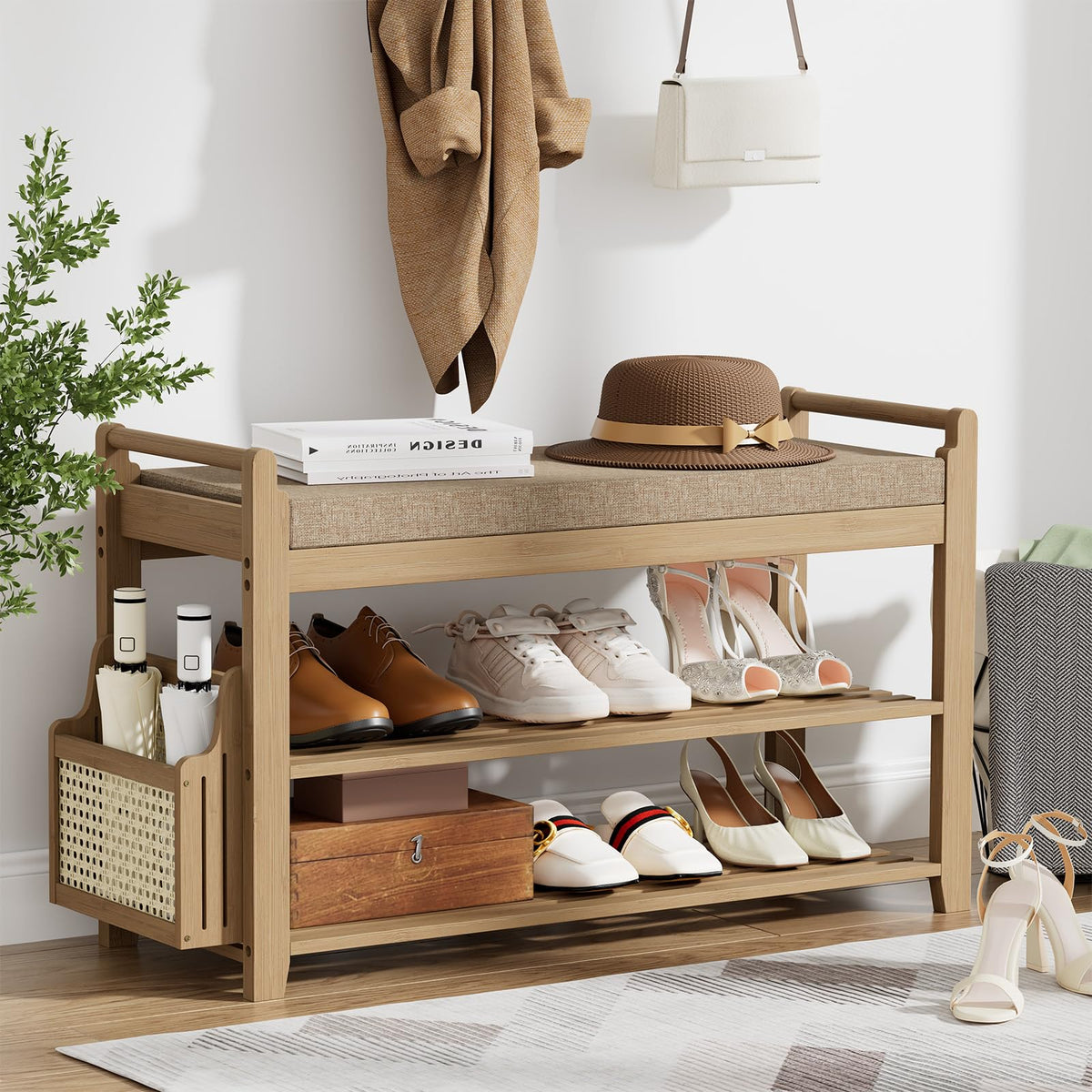 Homaxy 2-Tier Shoe Rack Bench, 28.2 in, Walnut and Light Brown