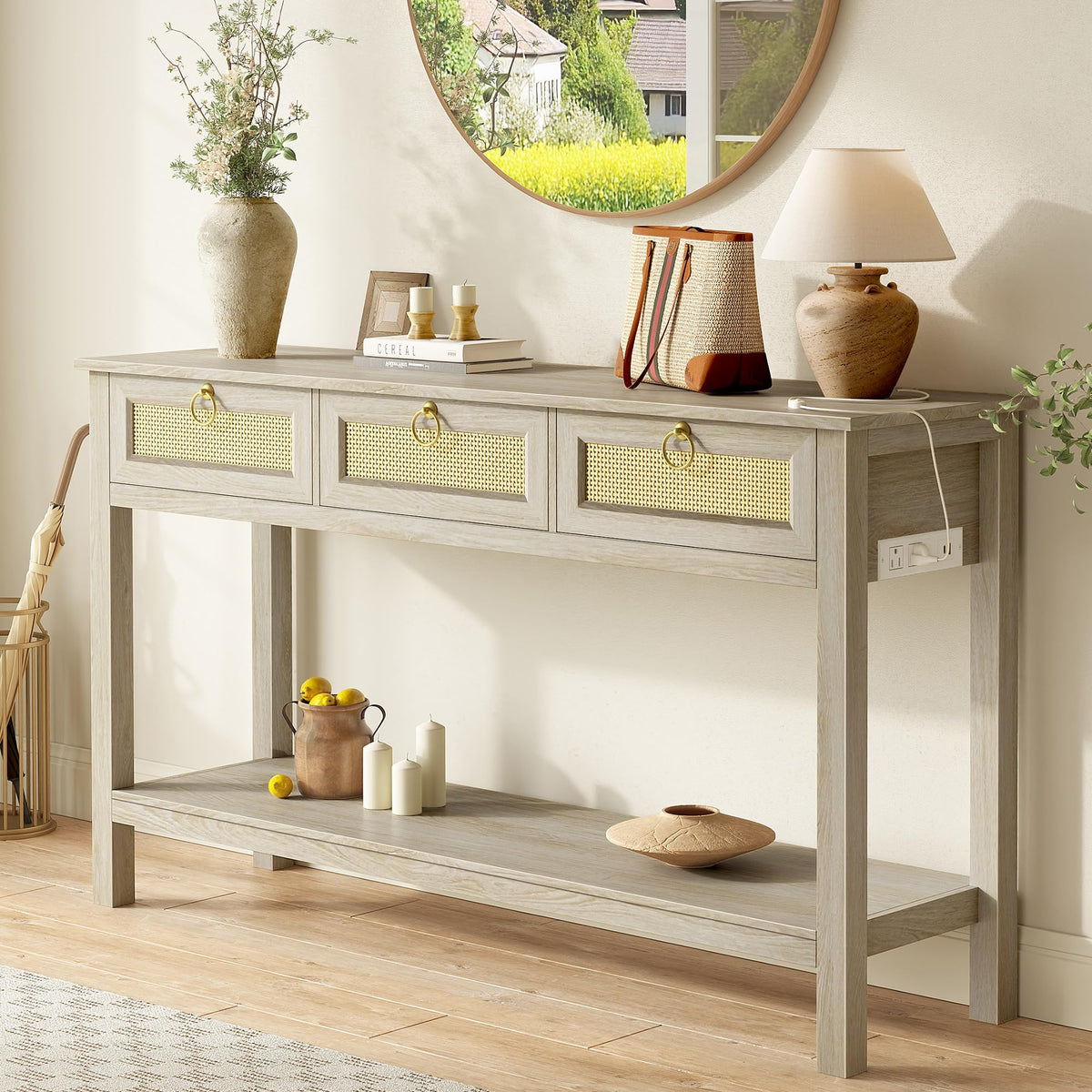 SUPERJARE Rattan Console Sofa Table with Outlets, USB-C Port and 3 Drawers