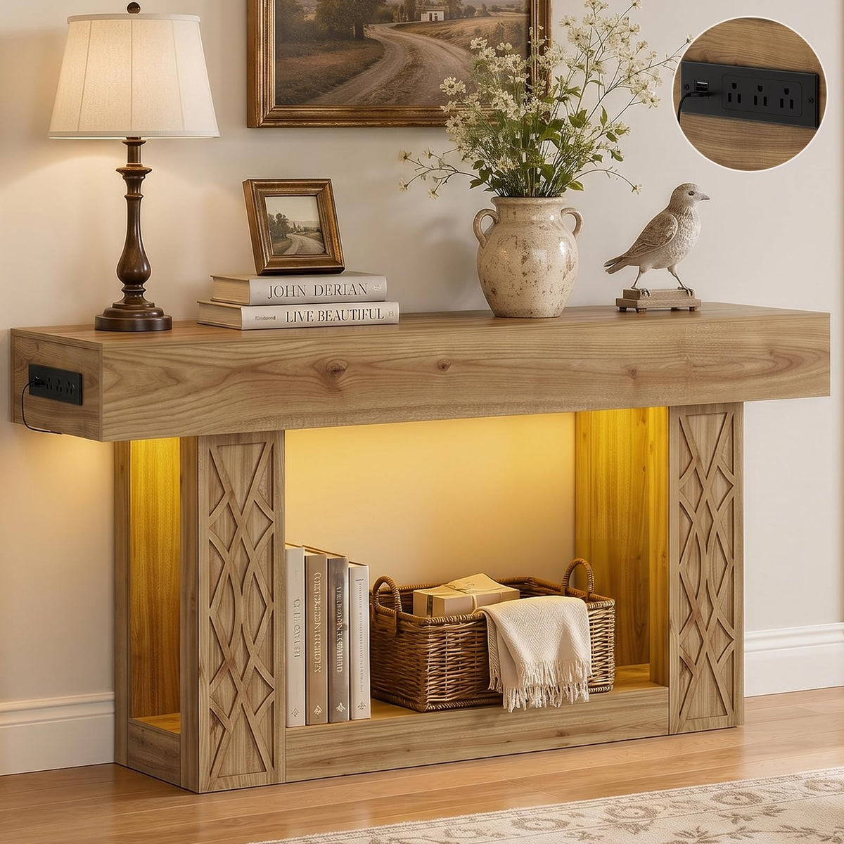 Unikito 47" Console Sofa Table with Power Outlet & LED Light, Grey & Brown