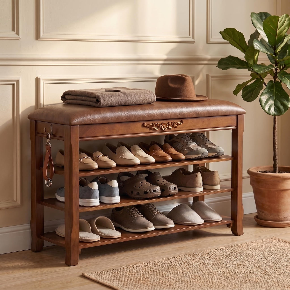 Shoe Rack Bench Entryway Storage with Leather Cushion, 39.4"