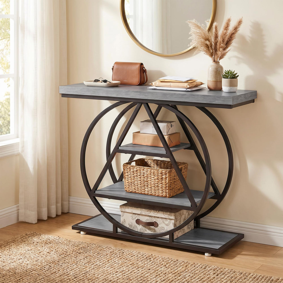 Garvee Console Sofa Table 53 in, Entryway Table with 3 Drawers, 3 Tier Metal Sofa Table, Open Shelf Behind Couch Table for Hallway, Living Room, Roman Column Design, Rustic Brown