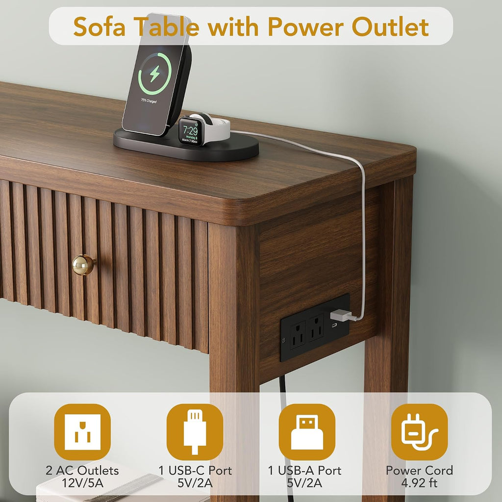 Decofy 47'' Fluted Console Table with Charging Station & 3 Drawers, Walnut