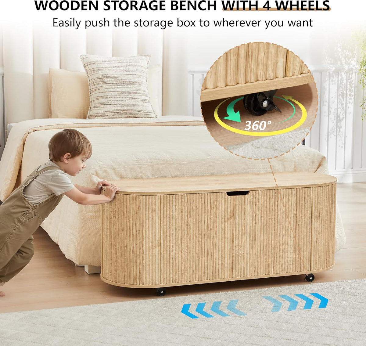 Fluted Storage Bench with 4 Wheels, 43.3” Oval Storage Chest with Safety Hinges, Modern Wooden End of Bed Bench, Large Storage Trunk Toy Chest with Lift Top for Entryway Bedroom Living Room, Natural