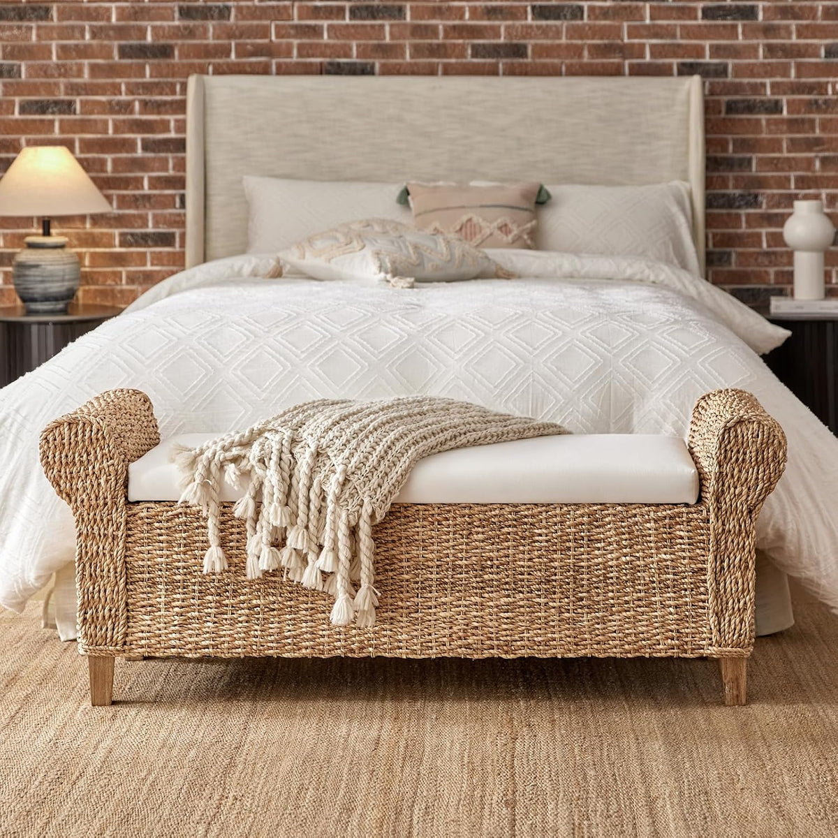 HULALA HOME 56" Rattan Storage Bedroom Bench with Rolled Armrests, Natural