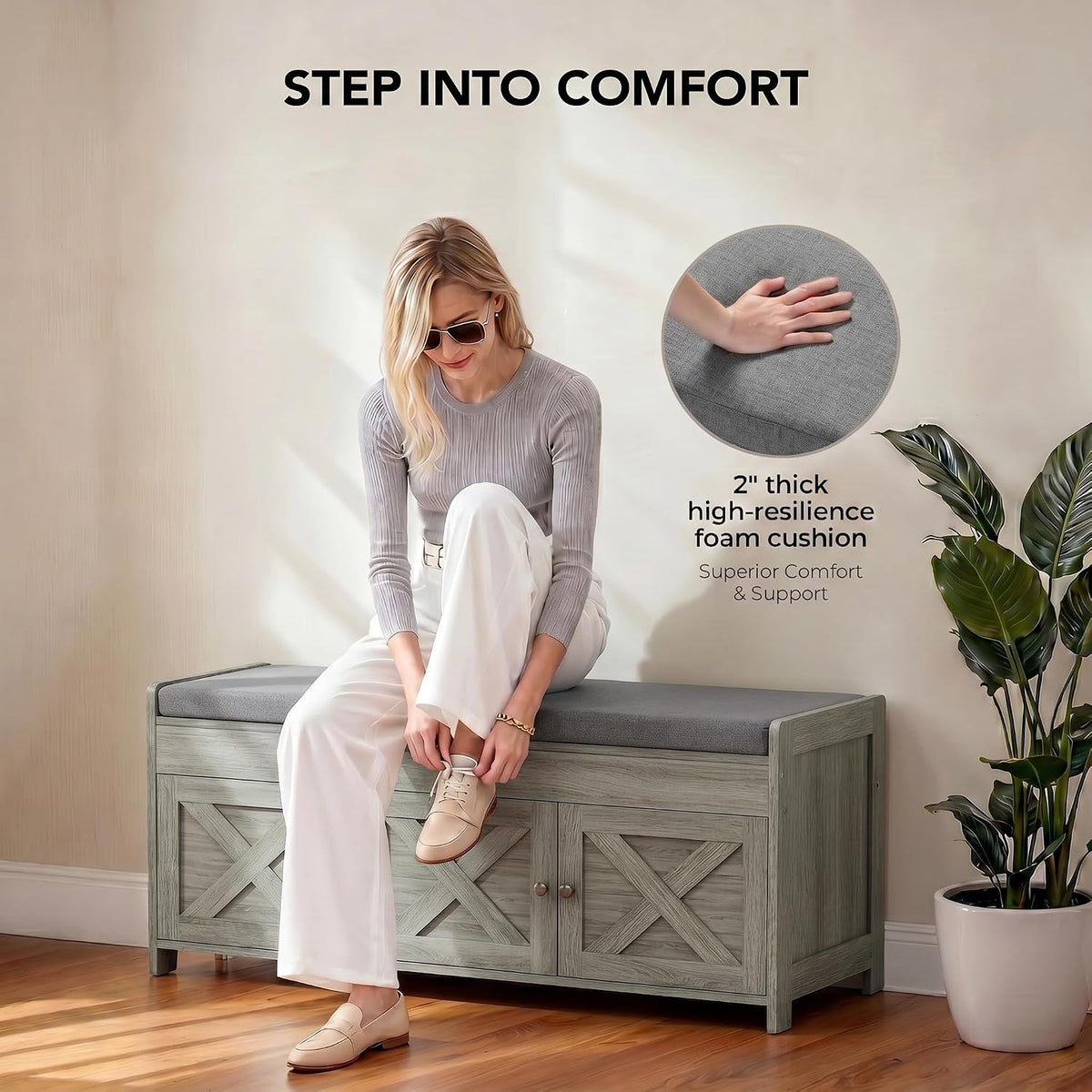 Marsail Shoe Storage Bench with Seating, Farmhouse Entryway Bench, Grey