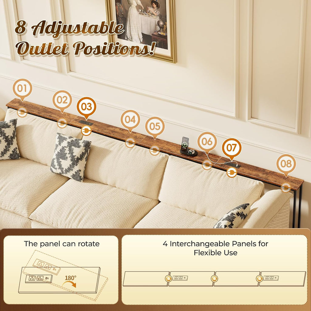 Huuger 118 Inch Sofa Table with Power Outlets, Skinny Behind Couch Table