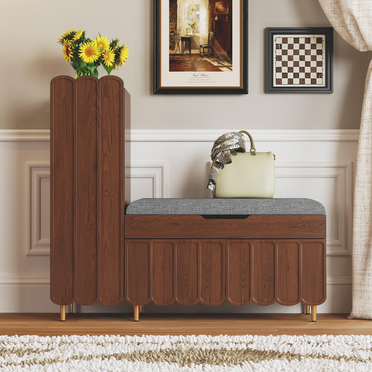3More L-Shaped Entryway Shoe Bench with Cushioned Seat, Brown