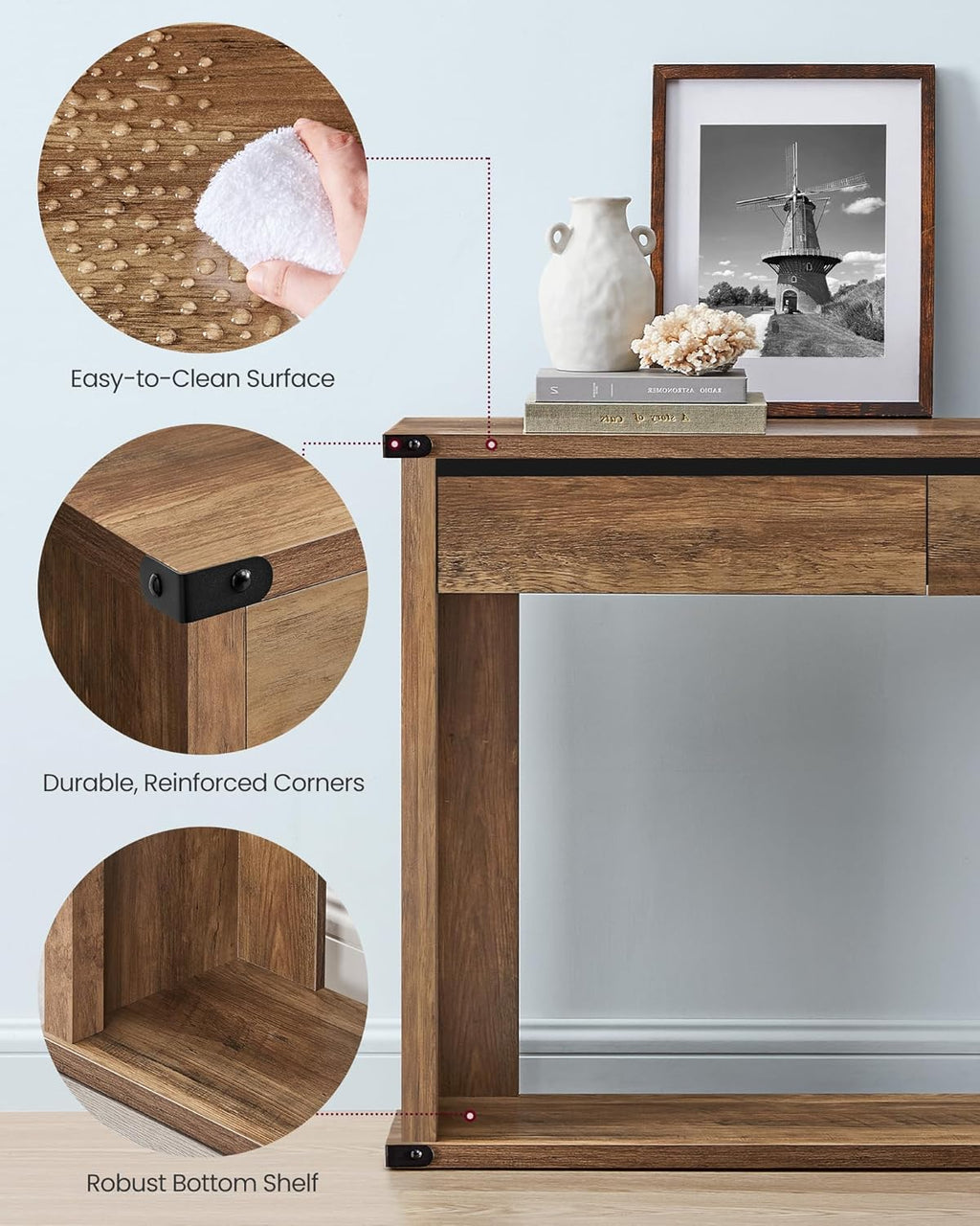 VASAGLE 63" Console Table with 3 Drawers, Entryway Table, Bottom Shelf