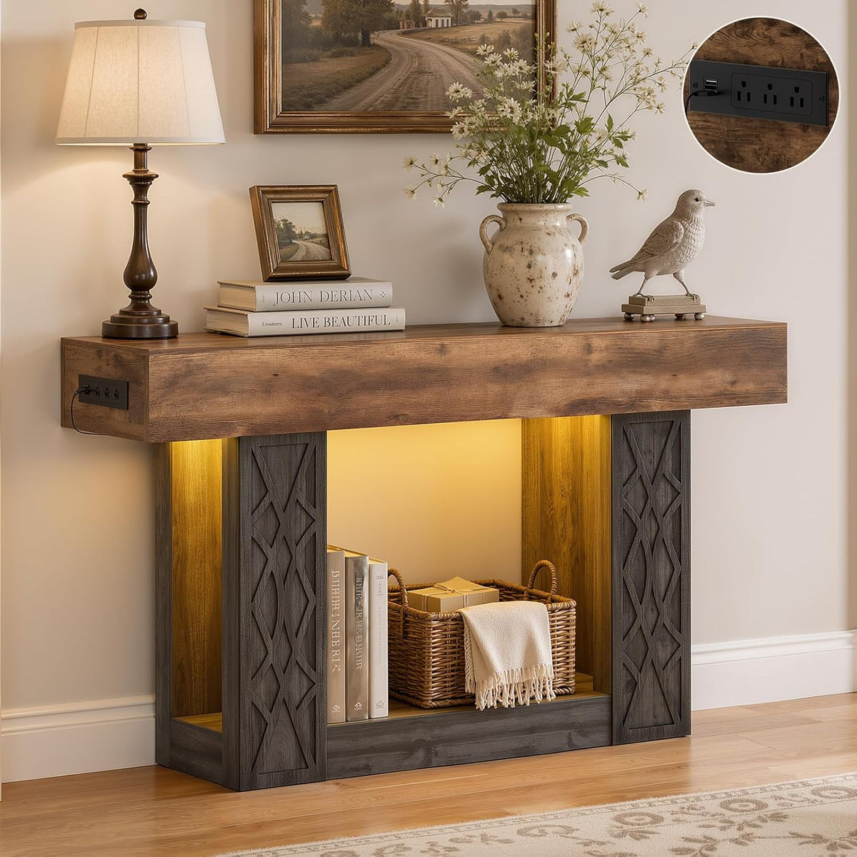 Unikito 47" Console Sofa Table with Power Outlet & LED Light, Grey & Brown