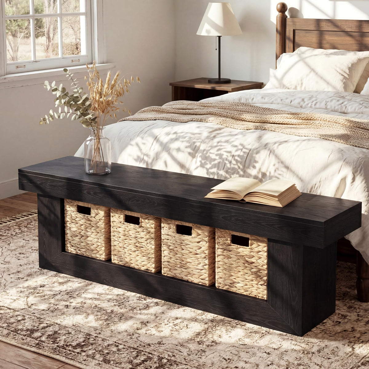 LITTLE TREE End of Bed Bench with Storage, 63" Thickened Wooden Shoe Bench, Farmhouse Indoor Bench Seat for Bedroom, Entryway, Hallway, Living Room, Rustic Black