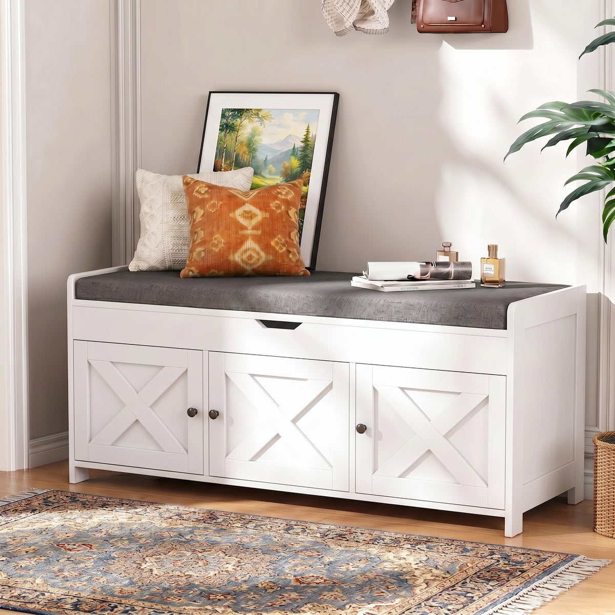 Marsail Shoe Storage Bench with Seating, Farmhouse Entryway Bench, Grey