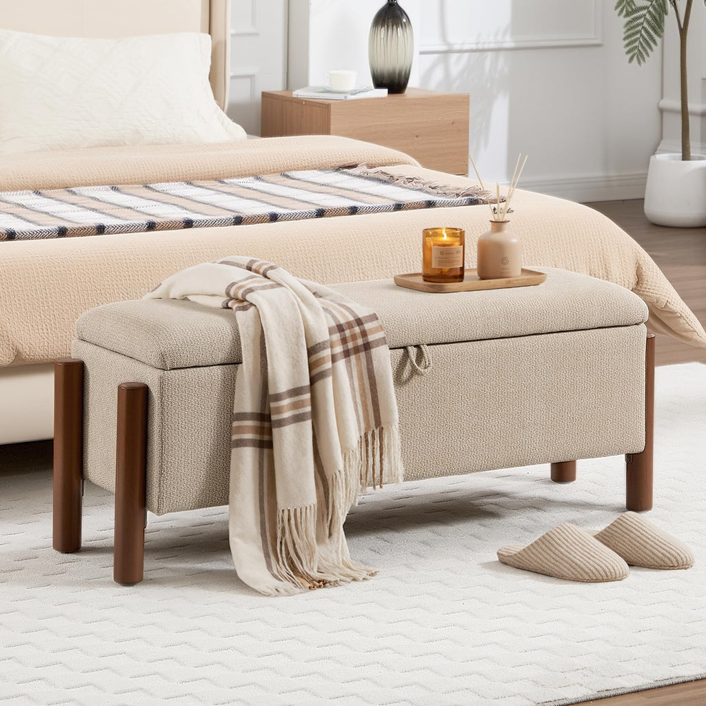 47'' Modern Storage Ottoman Benches with Walnut Wood Legs Ottoman Bench with 22 Gallons Storage Space Fabric Upholstered Seating End of Bed Bench for Bedroom for Livingroom Green