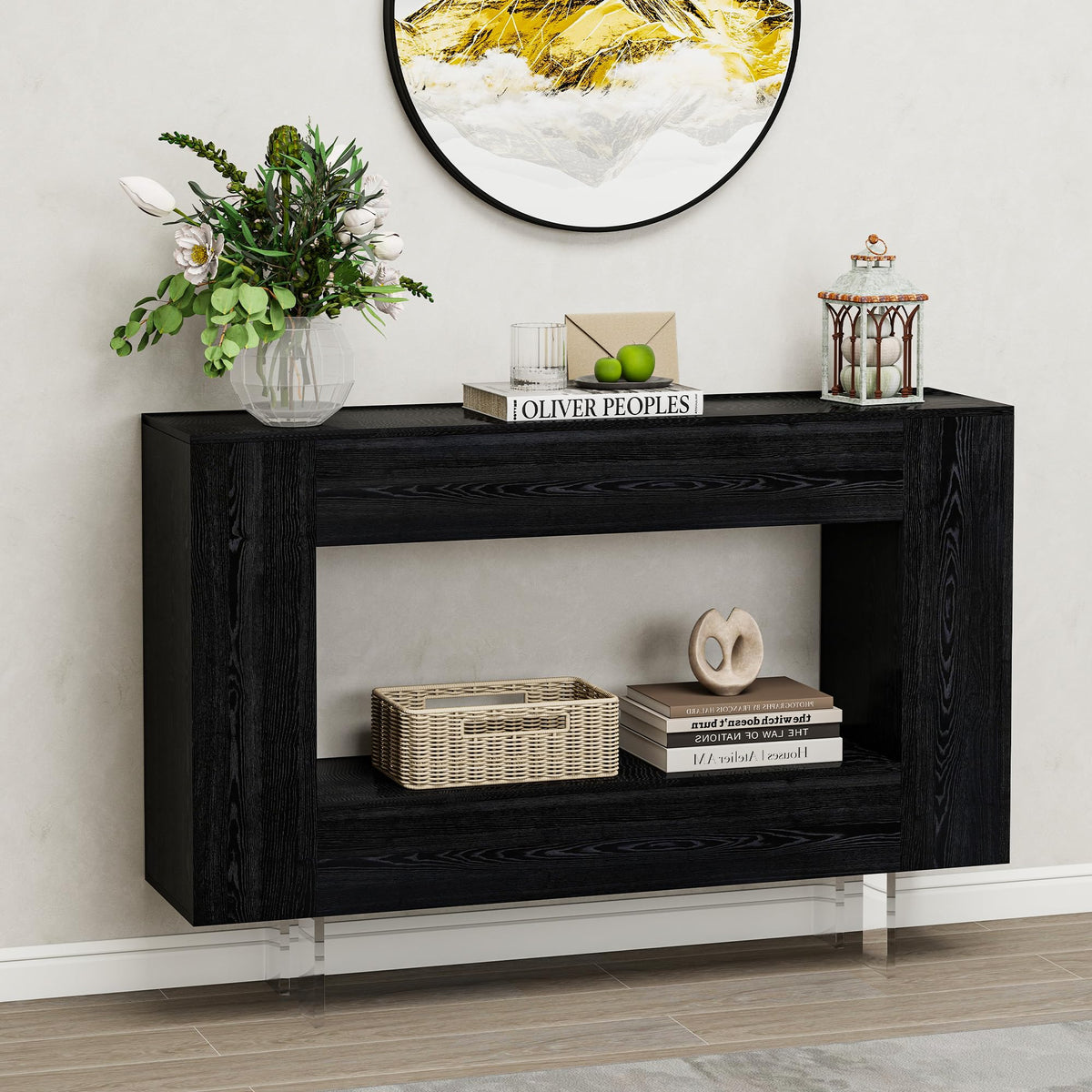 47" High Gloss Console Table with Hidden Side Storage, Black