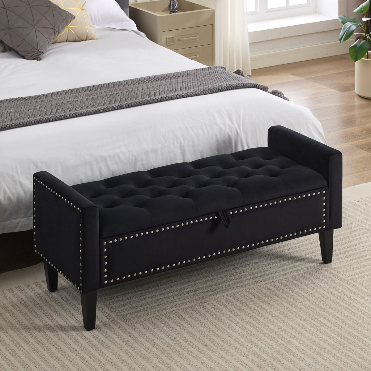 WUTUTUEE 47" Velvet Storage Bench, Upholstered Bed Bench with Storage, End of Bed Ottoman with Wooden Legs,Bedside Storage Bench for Bedroom, Living Room, or Entryway, Blue Grey