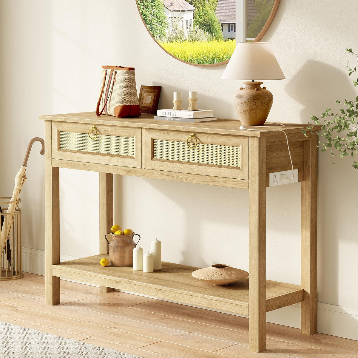 SUPERJARE Rattan Console Sofa Table with Outlets, USB-C Port and 3 Drawers