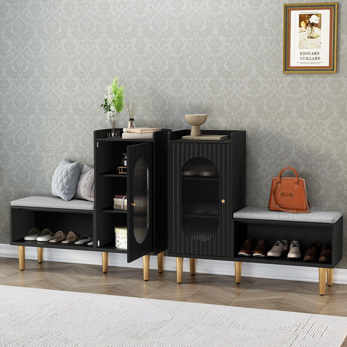 HLR Shoe Storage Bench with Glass Door&Shelf, L-Shaped Shoe Cabinet, Green
