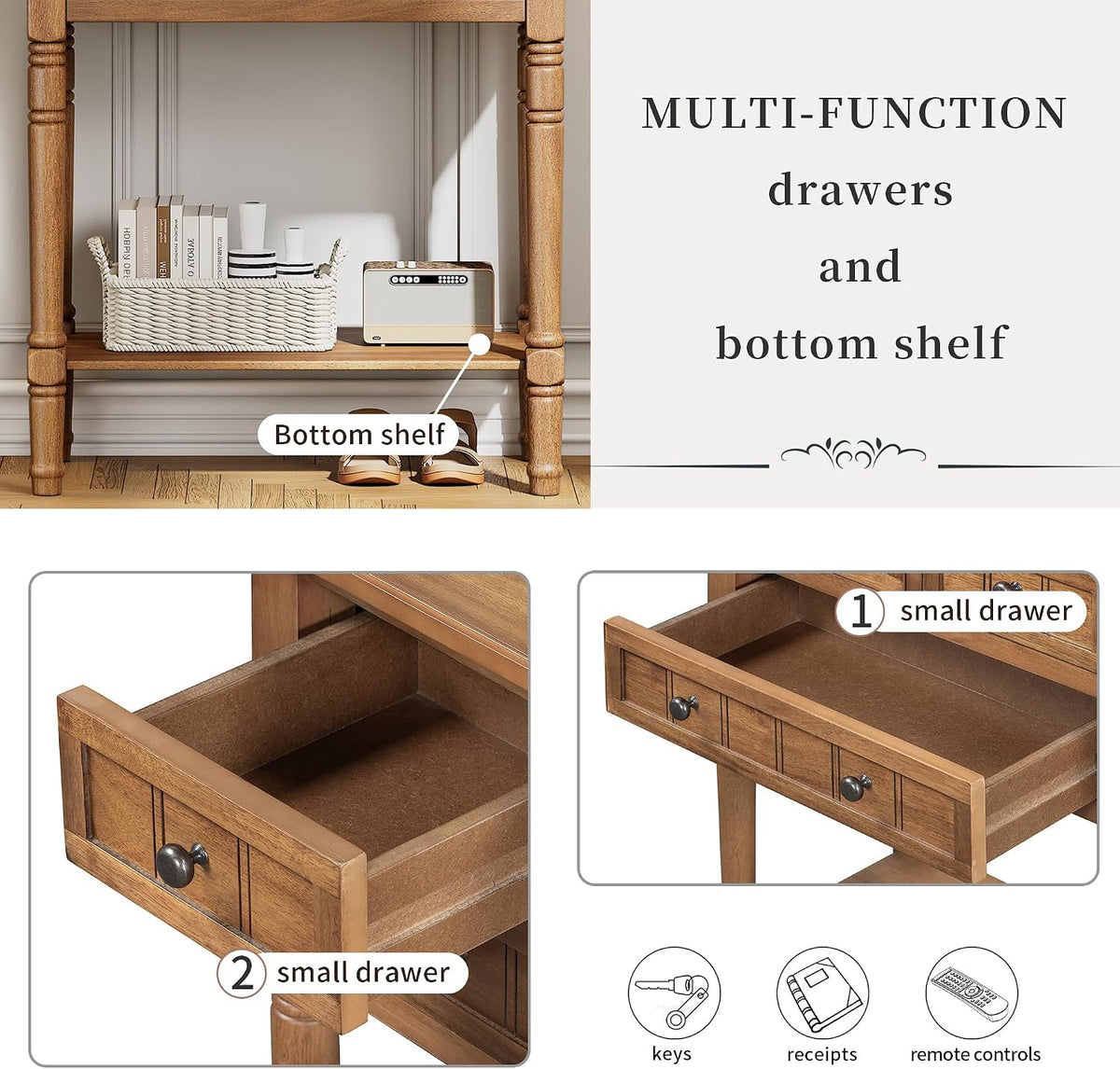 Knocbel Slim Antique Entry Console Table with 3 Drawers & Bottom Open Shelf, Solid Wood Narrow Sofa Couch Table for Entryway Hallway Living Room 23.7" W x 13" D x 31.4" H Natural