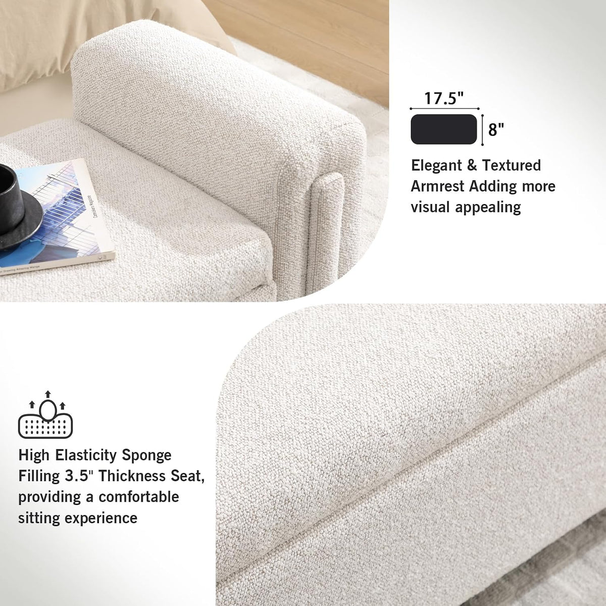 CIMOTA Modern Storage Ottoman Bench, 58” Large Upholstered Storage Bench with Armrests, Boucle Fabric Bedroom End of Bed Bench-Comfy Padded Footstool for Living Room, Entryway, White