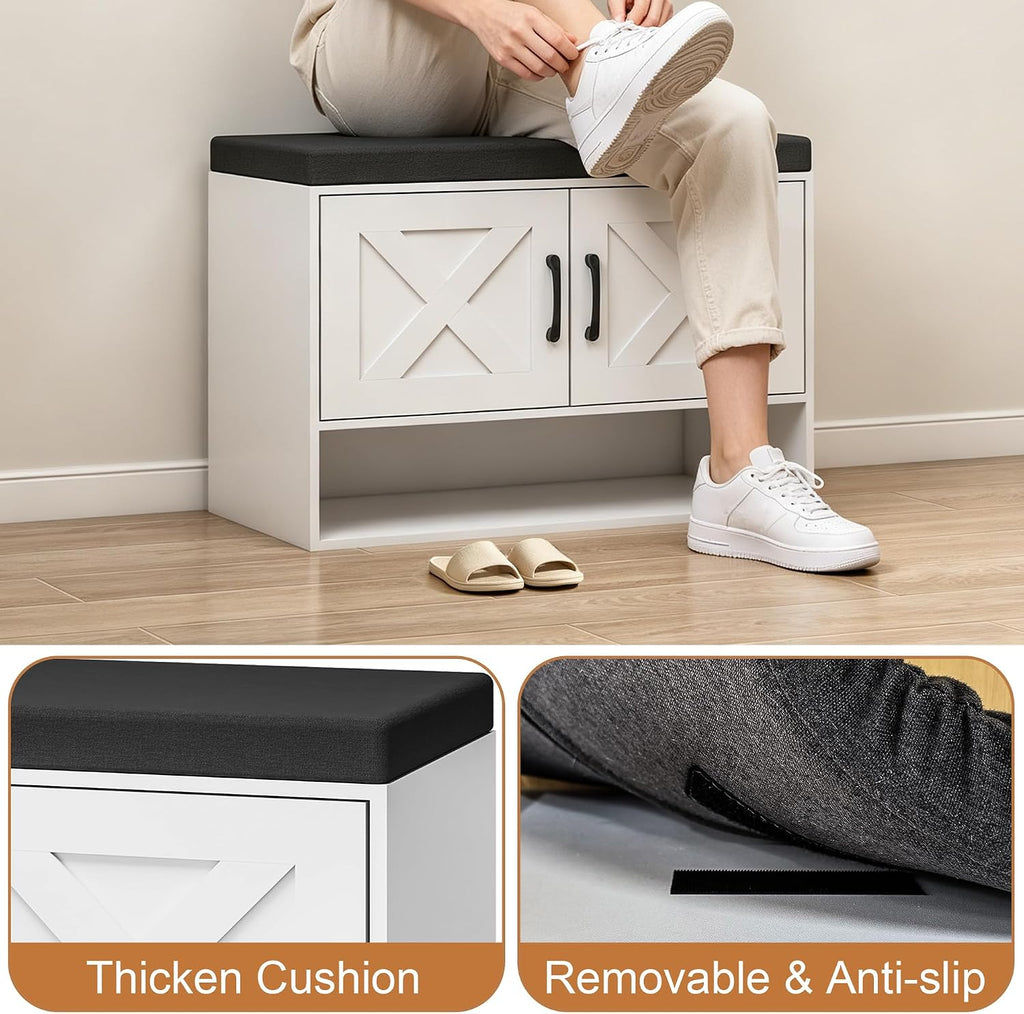 Farmhouse Shoe Storage Bench, Wooden End of Bed Bench, Shoe Storage Cabinet with Seat Cushion, Adjustable Shelf and Open Shelf for Living Room, Hallway, Bedroom