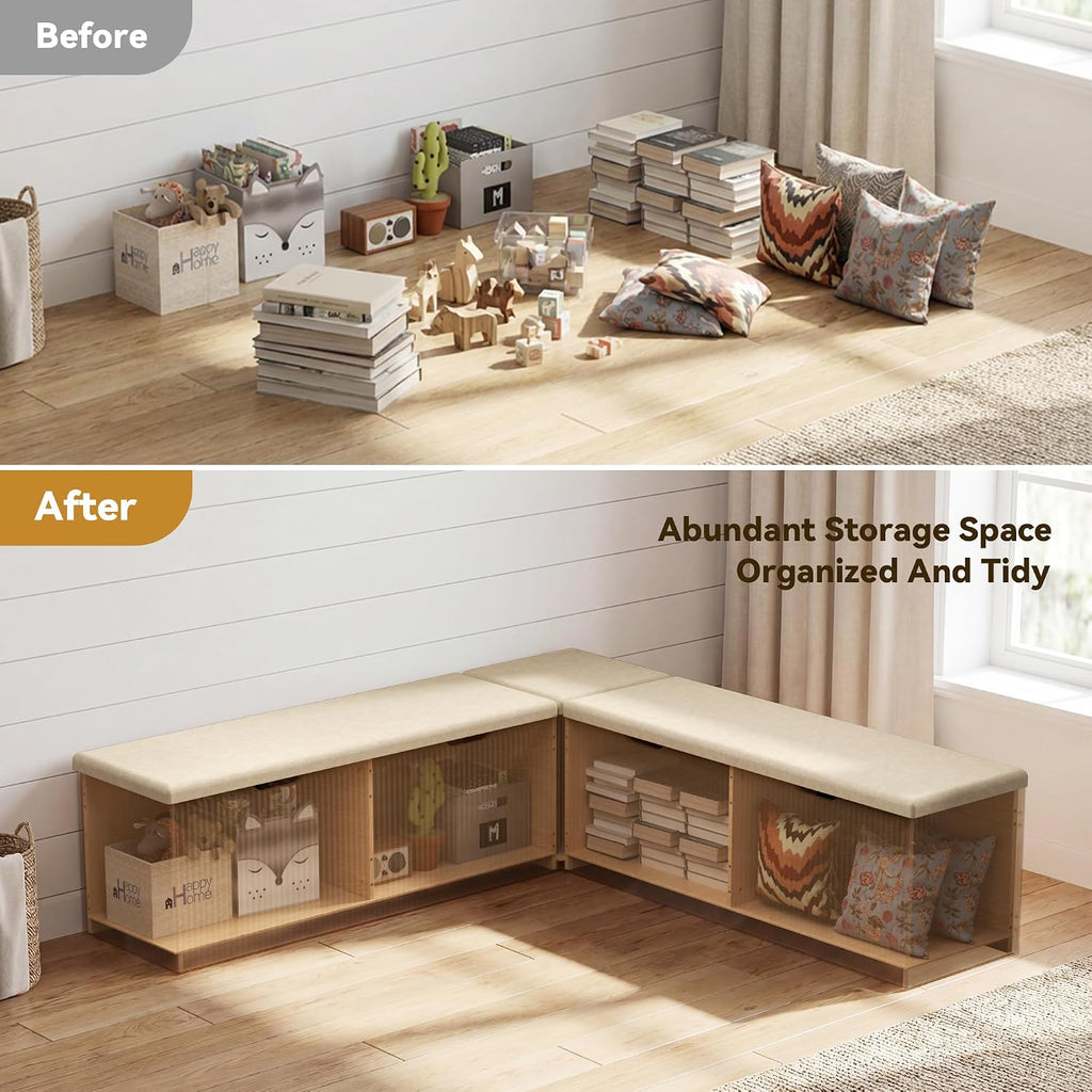 Merapi L-Shaped Storage Bench, Natural Wood Corner Bench with Storage