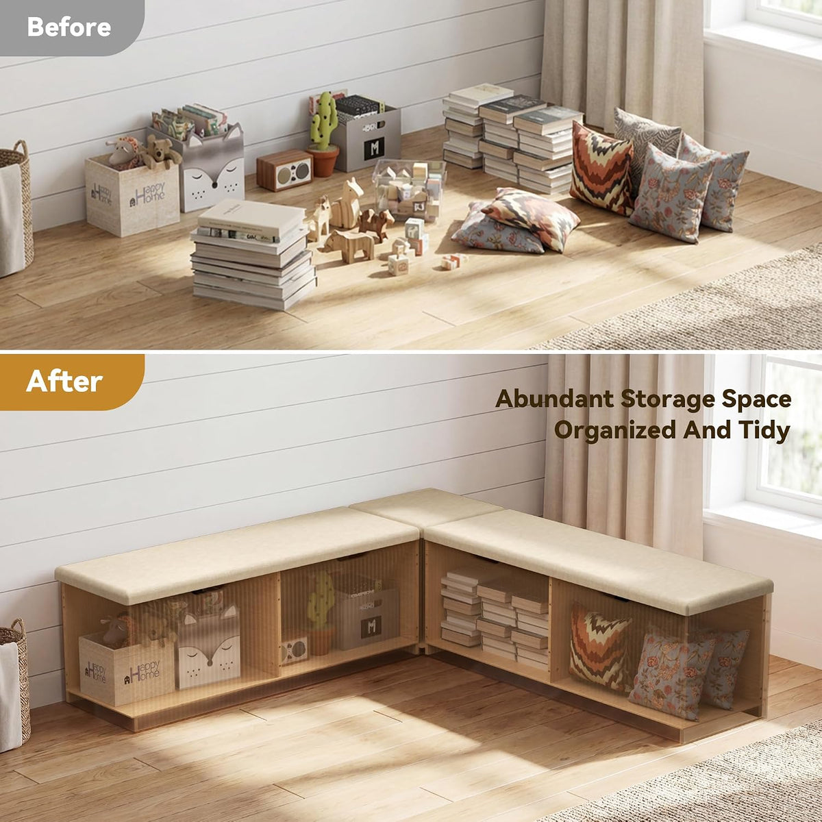 Merapi L-Shaped Storage Bench, Natural Wood Corner Bench with Storage