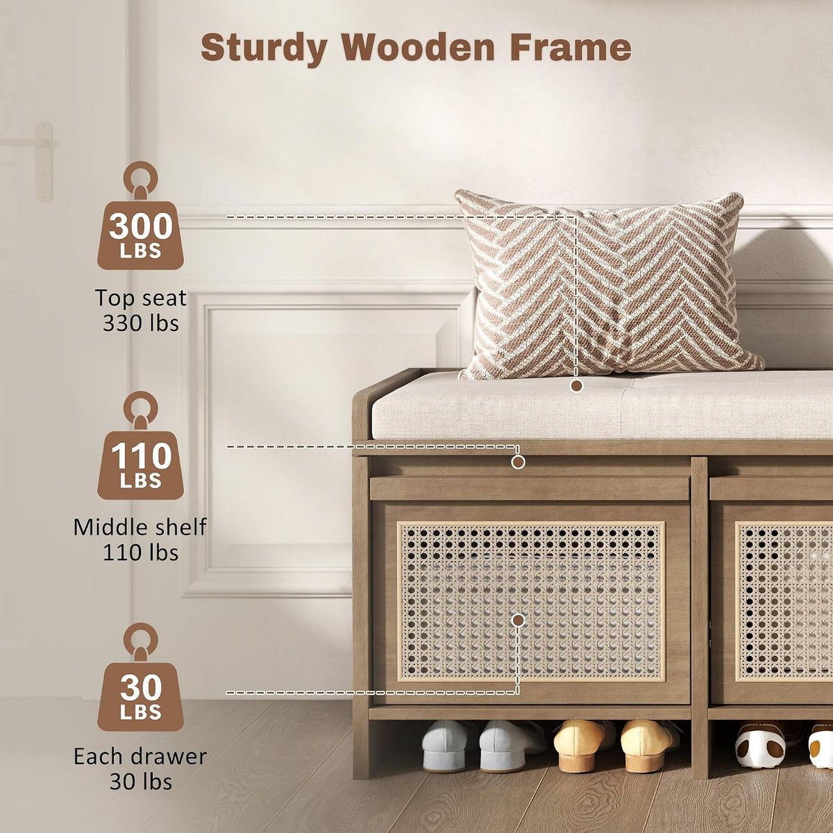 48" Entryway Storage Bench with 3 Rattan Drawers，Natural