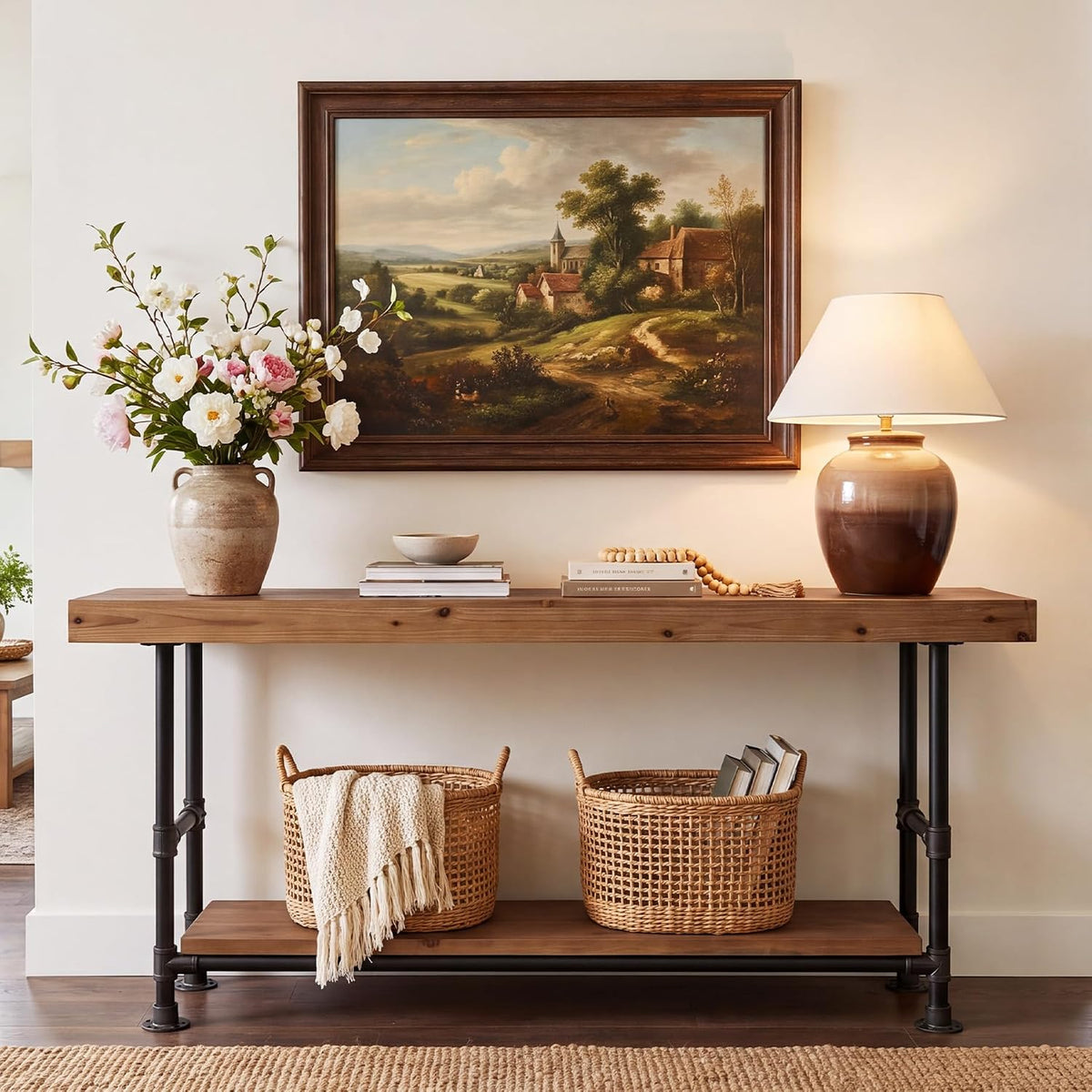 Solid Wood Entryway Table with Storage Shelf, 63 Inch