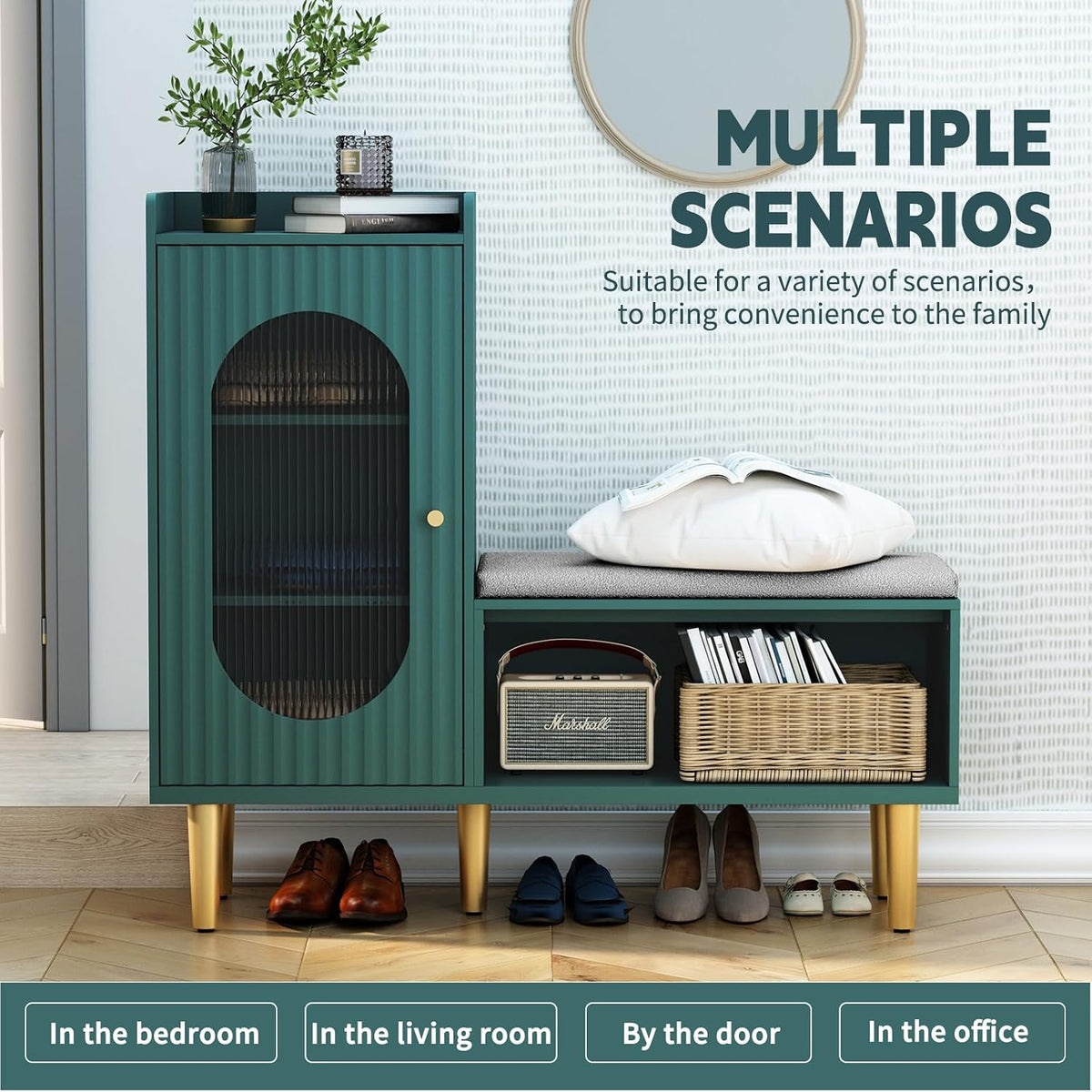 HLR Shoe Storage Bench with Glass Door&Shelf, L-Shaped Shoe Cabinet, Green