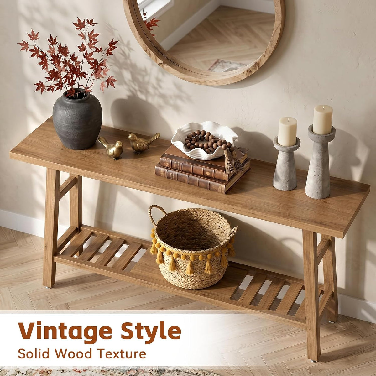 59" Solid Firwood Console Table, Farmhouse Natural Entryway Table