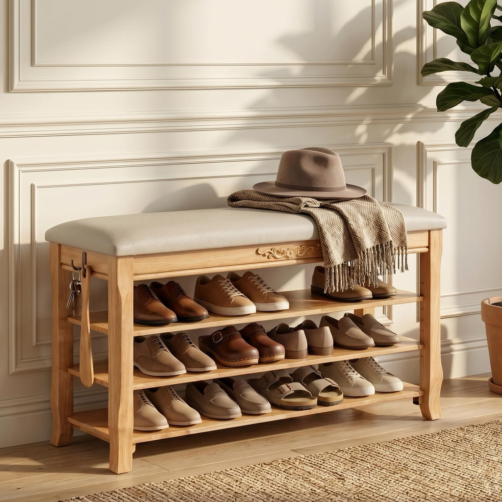 Shoe Rack Bench Entryway Storage with Leather Cushion, 39.4"