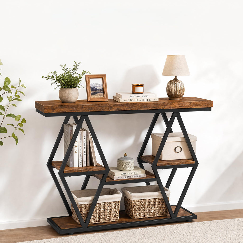 Garvee Console Sofa Table 53 in, Entryway Table with 3 Drawers, 3 Tier Metal Sofa Table, Open Shelf Behind Couch Table for Hallway, Living Room, Roman Column Design, Rustic Brown
