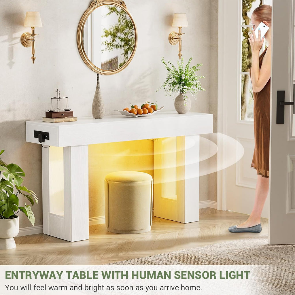 Unikito 47" Entryway Table with Sensor Light and Outlets, Pure White