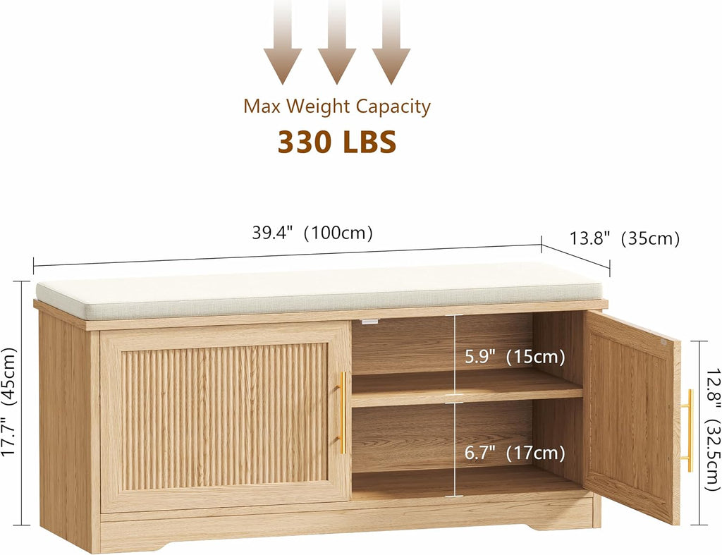 Keehusux 39.4" Fluted Shoe Storage Bench with Seat Cushion, Natural Oak