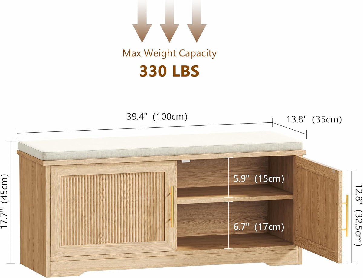 Keehusux 39.4" Fluted Shoe Storage Bench with Seat Cushion, Natural Oak