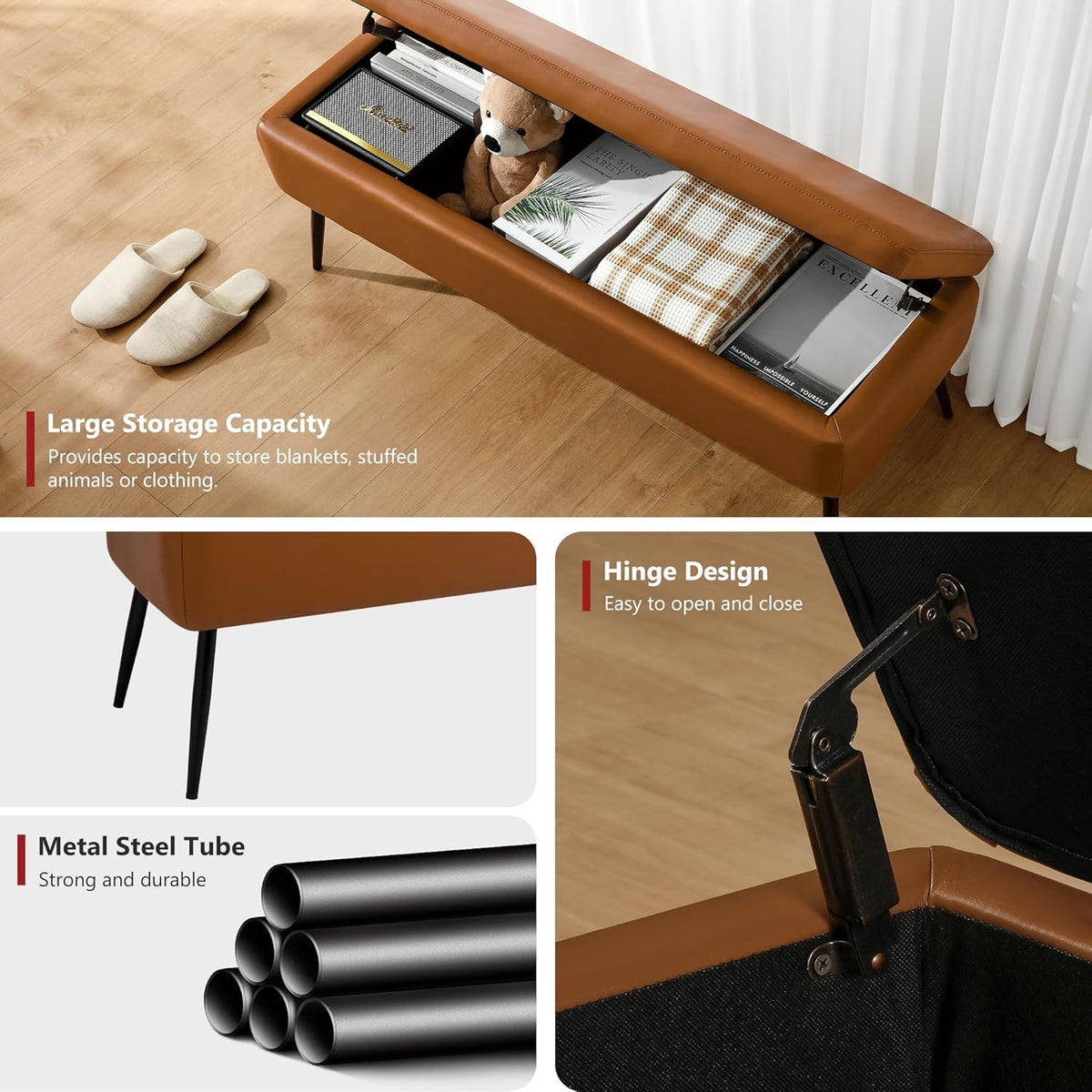 kinmars Leather Storage Ottoman Bench, End of Bed Bench with Steel Legs