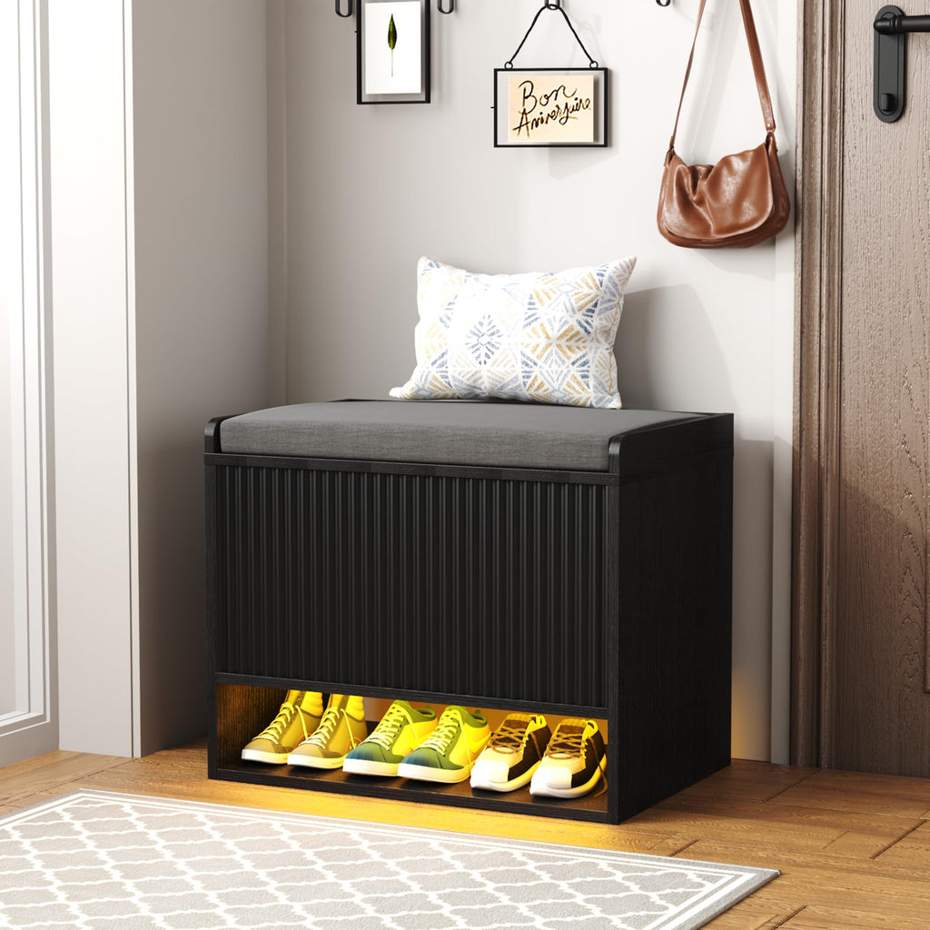 HOMEFORT 47.2" Fluted Shoe Storage Bench, Entryway Bench with Linen Seat Cushion, Shoe Cabinet Bench with Adjustable Shelf and Built-in LED Sensor Light, Bench for Bedroom End of Bed, Walnut