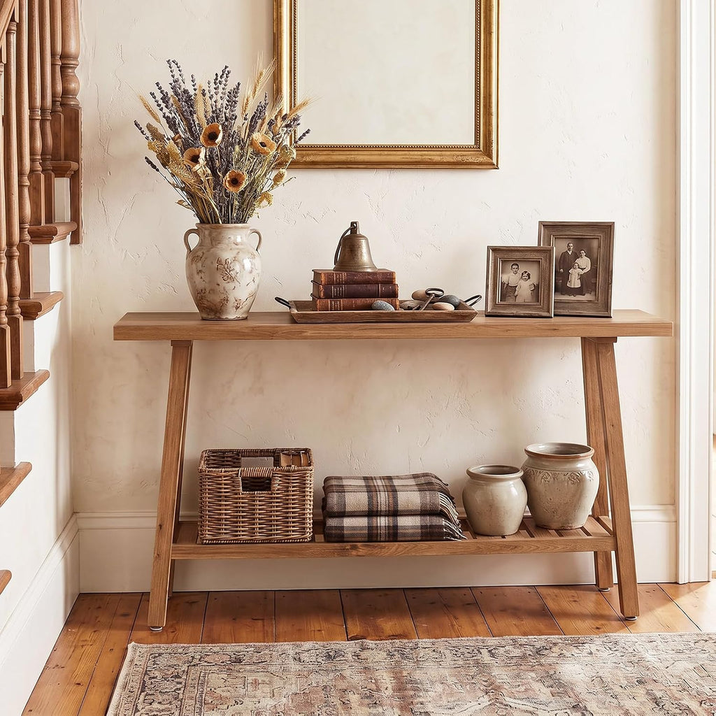 59" Wood Console Table, 2 Tiers Sofa Tables, Behind Couch Table