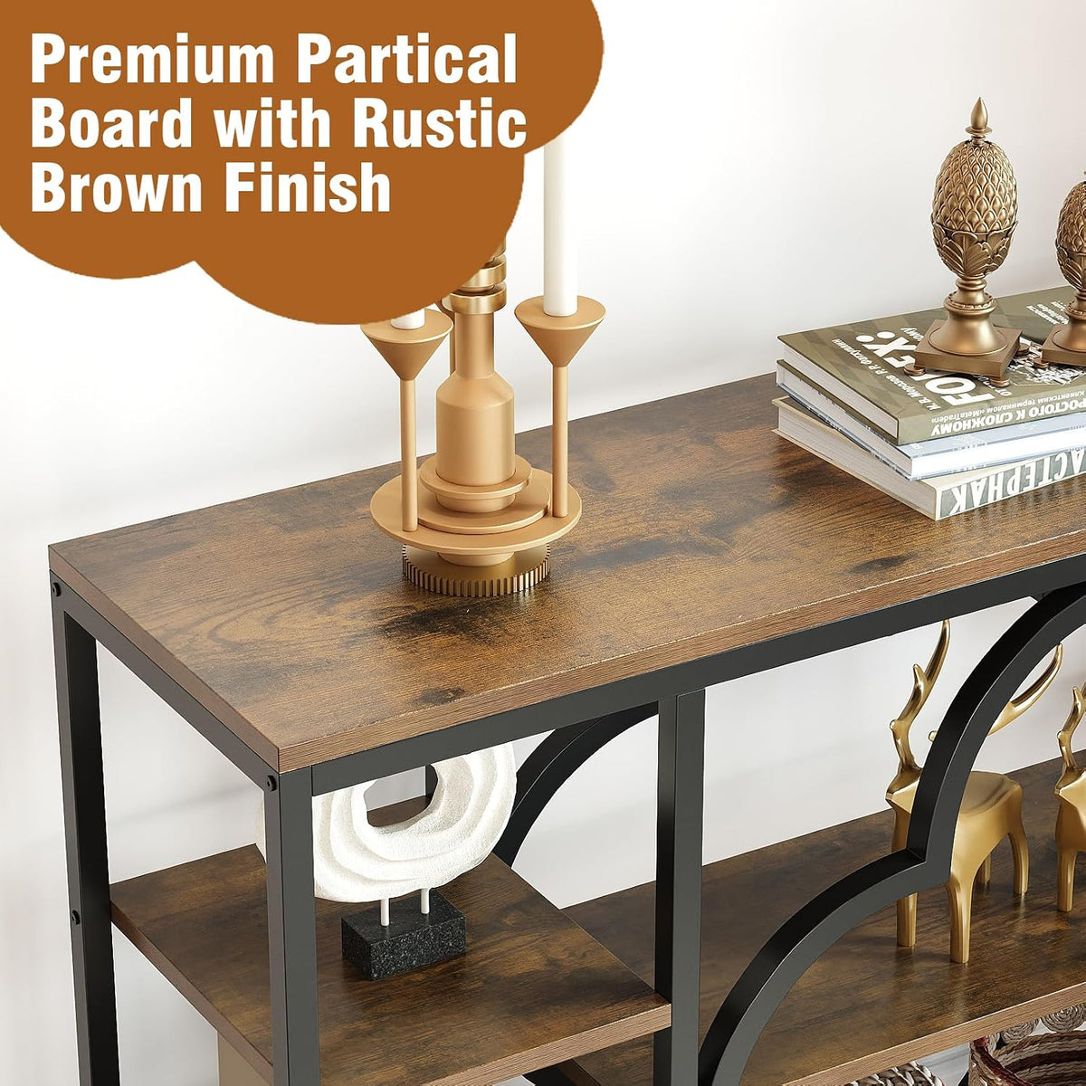 GiftGo 47" Farmhouse Console Tables for Entryway Retro Sofa Table Behind Couch Open Display Storage Shelves for Foyer, Hallway, Front Door,Living Room,Elegant Four-Leaf Clover (Rustic Brown, 47")