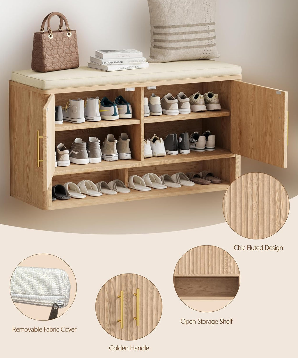 Fluted Shoe Storage Bench, Entryway Bench with Adjustable Shelves