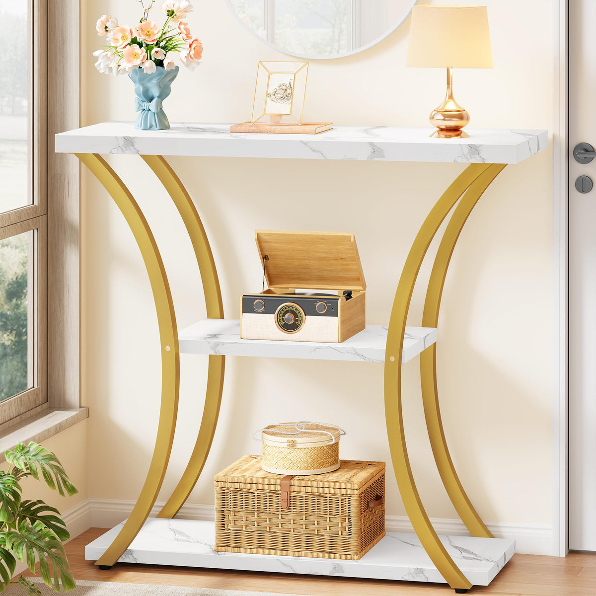 Hoctieon 3 Tier Console Table with Open Wood Shelves, Decorative Entryway Table with Curved Metal Frames, Narrow Sofa Table for Entrance, Living Room, Hallway, Rustic Brown+Black