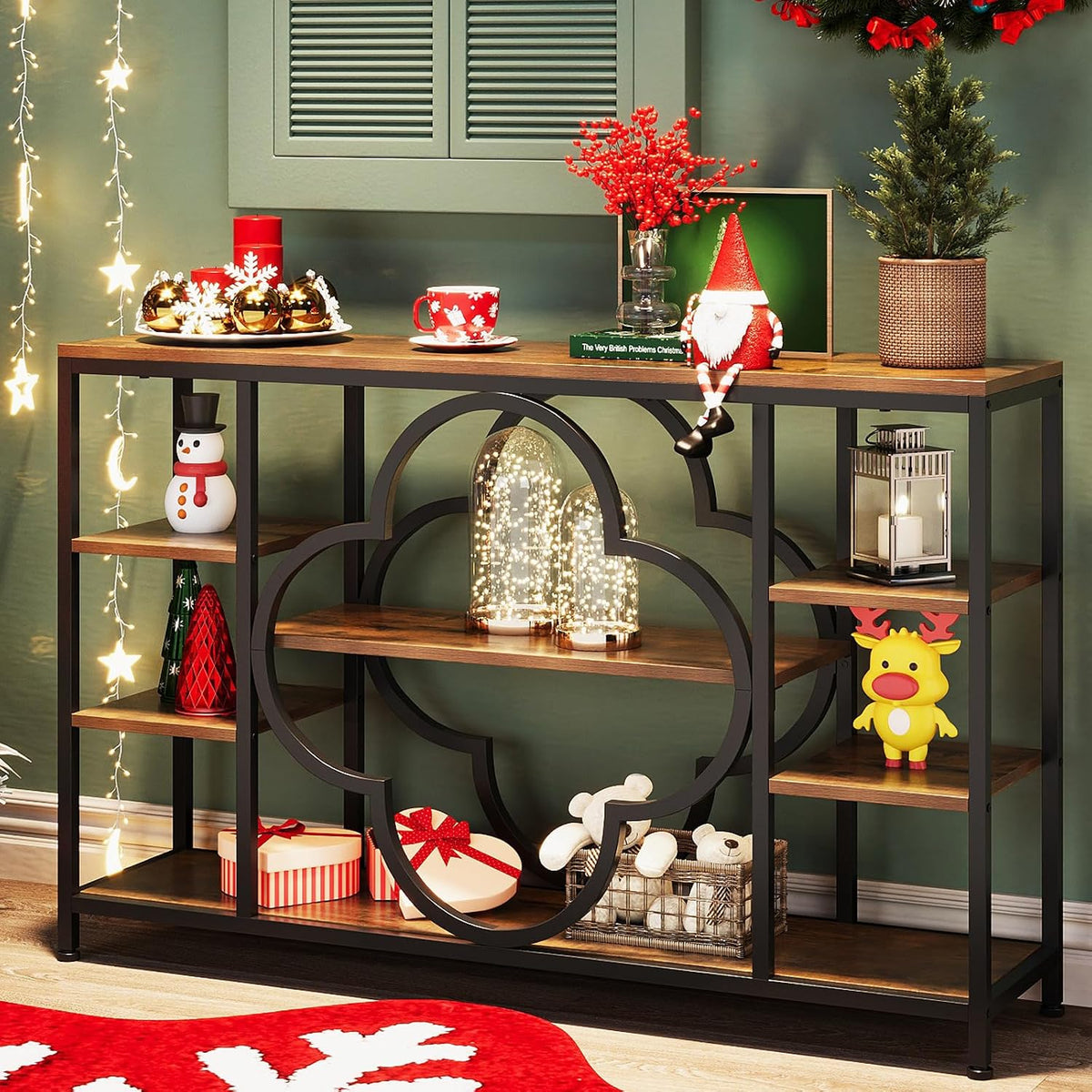 GiftGo 47" Farmhouse Console Tables for Entryway Retro Sofa Table Behind Couch Open Display Storage Shelves for Foyer, Hallway, Front Door,Living Room,Elegant Four-Leaf Clover (Rustic Brown, 47")