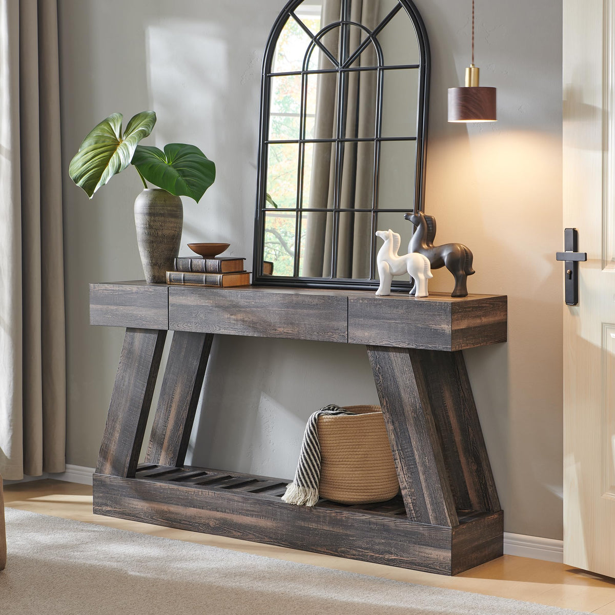 60" Entryway Table with Drawer Wooden Hallway Table with Heavy Duty Base