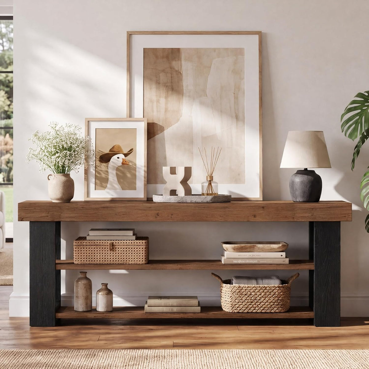 63" Solid Wood Console Table with 3-Tier Storage Shelves